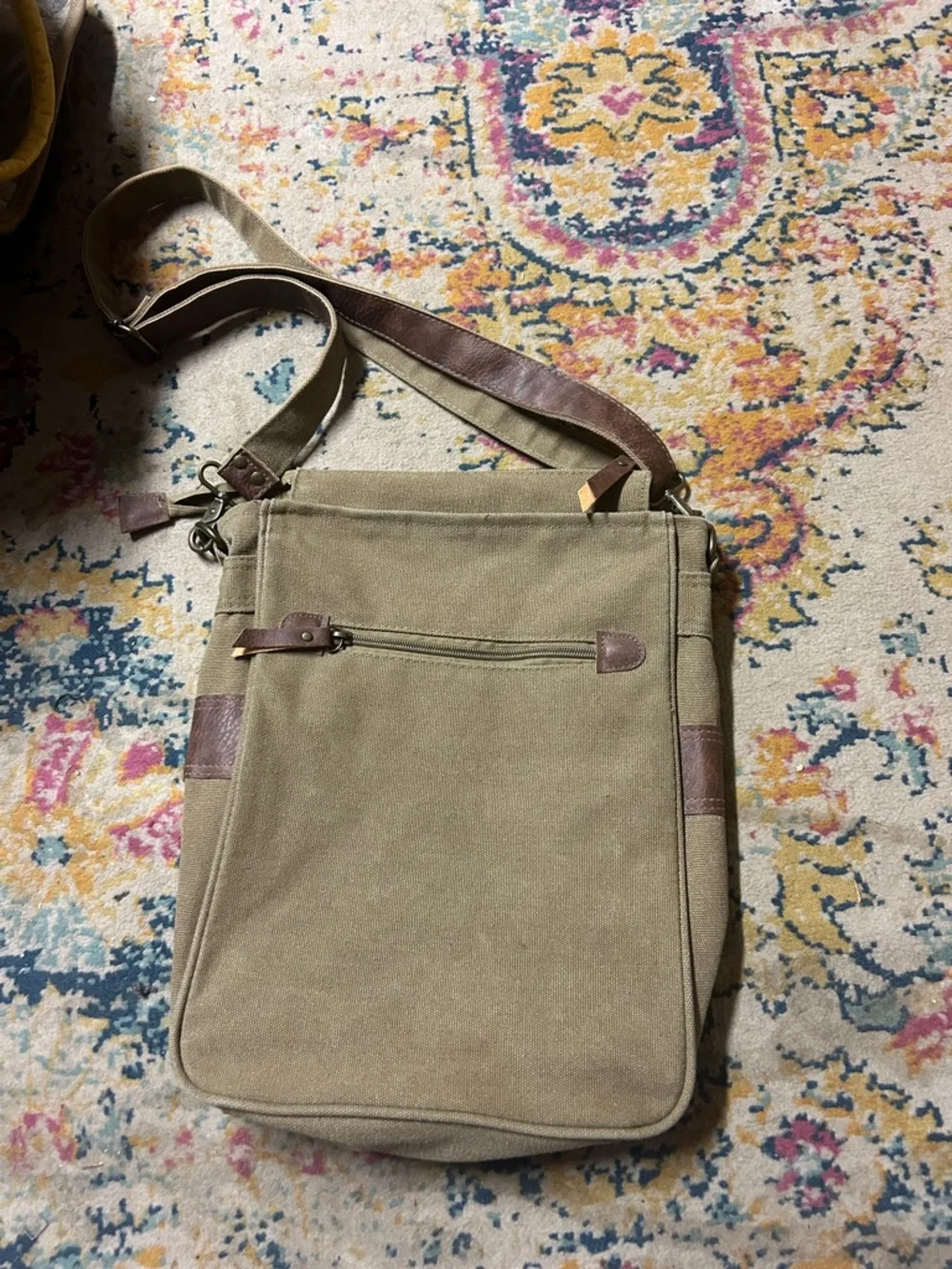 Canvas Crossbody‎ Messenger Bag - Olive with Brown Accents